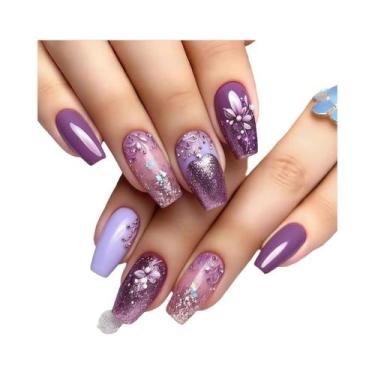 Imagem de Unhas Postiças De Bailarina Com Glitter Em Gradiente Roxo, 24 Peças, C