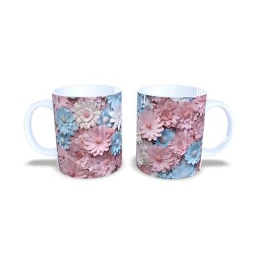Imagem de Caneca de Cerâmica 325ml com Design de Flores 3D Coloridas, Estampa Floral Rosa, Azul e Amarelo (14119)