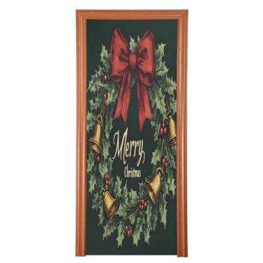Imagem de Wassud Capa para porta de Natal, guirlanda de Natal grande de 99 x 199 cm com decoração de folhas de azevinho, faixa elástica para porta interna para varanda e porta da frente