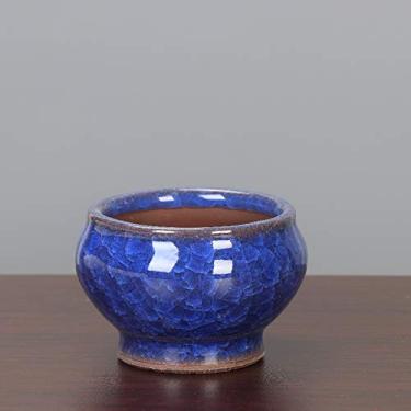 Imagem de uhyOHF Vaso de cerâmica Ice Crack para suculentas, vaso de flores para suculentas, decoração de vaso redondo, puro e grosso, vaso de bonsai de jardim com drenagem/azul royal (azul royal