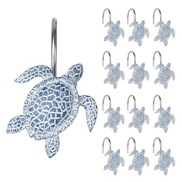 Imagem de Sunlit Ganchos decorativos para cortina de chuveiro de tartarugas marinhas, anéis de cortina de chuveiro costeiros de criaturas do oceano azul celeste, resina, decoração de banheiro náutico, ganchos