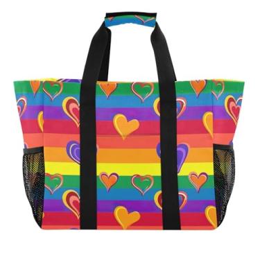 Imagem de Wassud Bolsa de compras reutilizável com coração arco-íris grande bolsa organizadora de lona impermeável para praia, piquenique, lavanderia, viagem