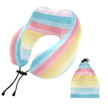 Imagem de CEBUGI Travesseiros de viagem portáteis em forma de U, travesseiro de pescoço de espuma viscoelástica com trava de corda ajustável para avião, viagem, trem, negócios, escritório, soneca (listras