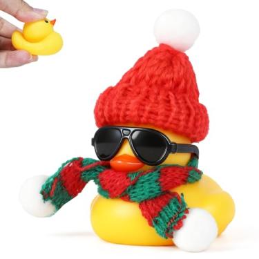 Imagem de FINEED Decoração interior de carro de patos de borracha de Natal, mini ornamento de painel de pato amarelo com gorro, cachecol e óculos de sol, pato de borracha fofo para decoração de férias