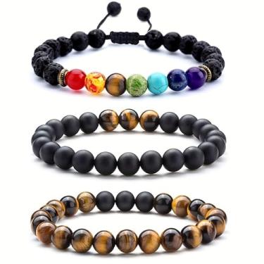 Imagem de Pulseira masculina de pedra vulcânica, conjunto de 3 peças de contas de pedra vulcânica, pulseiras de cordão trançado preto cinza ajustável para homens