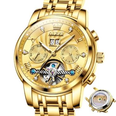 Imagem de OLEVS Relógios masculinos analógicos automáticos mecânicos masculinos luxuosos à prova d'água diamante relógio masculino casual de aço inoxidável turbilhão mostrador grande dia data relógio clássico