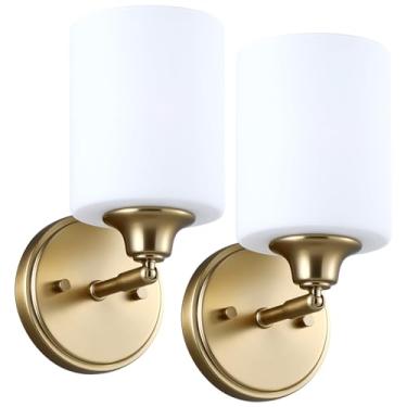 Imagem de XIFEINIU Conjunto De Dois Apliques De Parede Para Banheiro Com Cúpulas De Vidro Fosco, Luminária De Parede Moderna Para Penteadeira Interna, Espelho, Quarto, Sala De Estar, Escadas (Dourado, Base E2