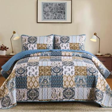 Imagem de Conjunto de edredões WONGS BEDDING Boho Queen Size Blue Patchwork Plai