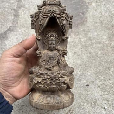 Imagem de FENNYYAR Estátua de Buda esculpida à mão em madeira, 18 cm, decoração para mesa de escritório, sala de estar, ornamento Feng Shui