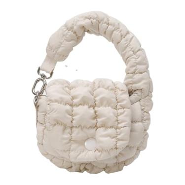 Imagem de Ligficn Mini bolsa acolchoada bolsas pequenas de nylon bolsa leve bolsa de transporte bolsas inchadas para mulheres, Off-white, Tendência