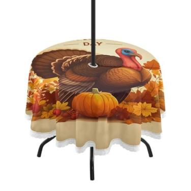 Imagem de Qilmy Toalha de mesa redonda à prova d'água com tema de Ação de Graças de 152 cm com orifício para guarda-chuva e zíper – Uso externo / interno resistente para pátio, churrascos, piqueniques, festas