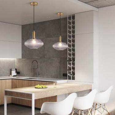 Imagem de Lustre pendente de vidro verde, pequeno e moderno, com cúpula de vidro canelado, estilo meados do século XX, ajustável, ideal para ilha de cozinha, sala de jantar, quarto e corredor.