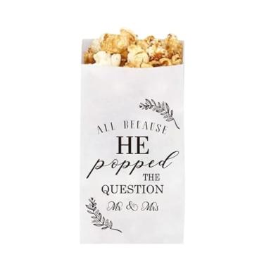 Imagem de Whaline 100 peças All Because He Popped The Question Sacos de pipoca de casamento, noivado, papel descartável, sacos brancos resistentes a graxa para lanches para lembrancinhas de chá de panela