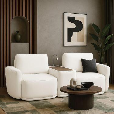 Imagem de Sofá Sala Modulado 211cm Com Console Usb Luminária Brumma Bouclê Off White K01 - D'rossi