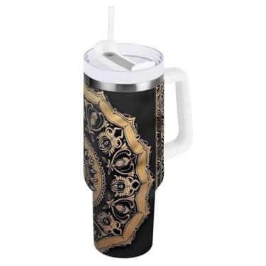Imagem de Copo térmico Mandala de aço dourado com alça e palha, copo de água isolado grande