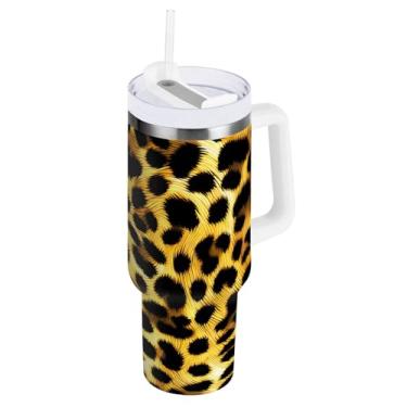 Imagem de ODAWA Copos com isolamento duplo de 1,134 g com canudo e alça, copo de viagem isolado com manchas pretas leopardo