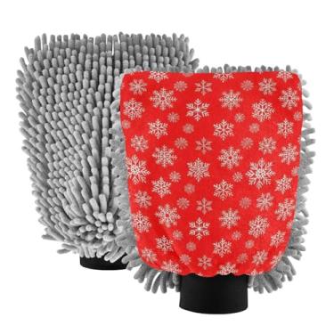 Imagem de ODAWA Luvas de limpeza de carro de chenille vermelho flocos de neve, pacote com 2, luvas de lavagem de carro para canhão de espuma 18 cm x 26 cm