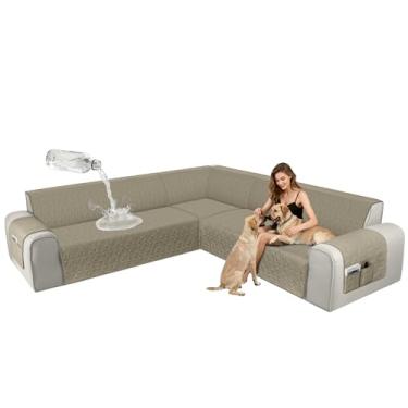 Imagem de ALIECOM Capas de sofá seccionais de canto, à prova d'água, laváveis, em forma de L, protetora, geométrica, jacquard, capa de móveis, com alça ajustável para cães de estimação (grande, cáqui escuro)