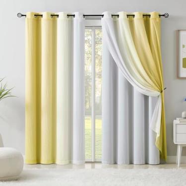 Imagem de Cortinas blackout amarelas com sobreposição transparente ombré de 239 cm de comprimento para decoração de Natal da sala de estar, misturar e combinar painéis de cortina com isolamento térmico de