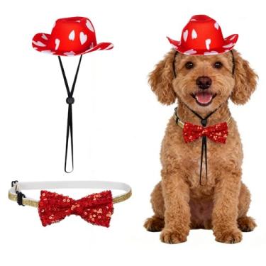Imagem de Haakong Fantasia de cowboy de dia dos namorados para cães pequenos e gatos, chapéu de caubói com lantejoulas, gola borboleta para dia dos namorados, festa de aniversário, feriado