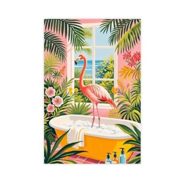 Imagem de Flamingo in Bathtub Canvas Poster Matise Decoração de Banheiro Rosa Tropical Arte de Parede Animal Engraçado Impressão Colorida para Casa Quarto Escritório Dormitório Sala de Estar Decoração Unframe