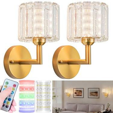 Imagem de Nekhung Conjunto de 2 arandelas de parede operadas por bateria com lâmpada RGB para quarto, sala de estar, banheiro (latão - 25,4 cm)