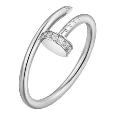 Imagem de BUENAVO Anel de amor masculino, joia moderna de zircão de latão banhado a prata, casamento, aniversário, presente, dia dos namorados, melhor presente para aniversário de casais, anel de unha de prata