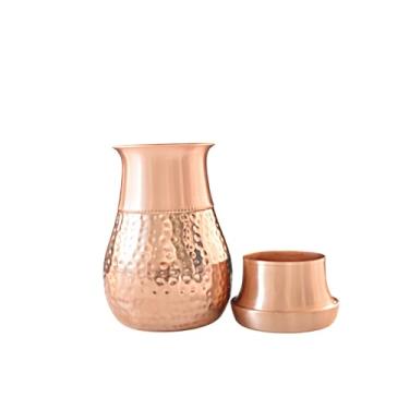 Imagem de Jarro de cobre puro feito à mão com tampa (1 litro), garrafa de água de cobre martelado para benefícios de saúde ayurvédica