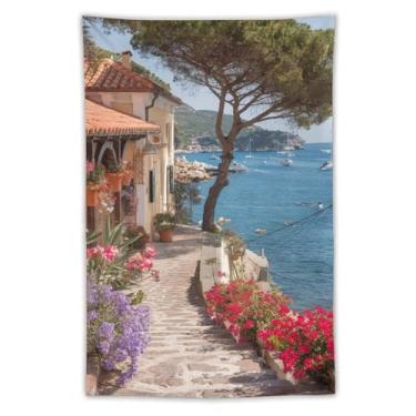 Imagem de Tapeçaria italiana de cidade costeira caminho de paralelepípedos buganvílias flores iate porto cênico litoral vila decoração de parede vibrante paisagem mediterrânea arte para casa espaço de vida 40 x