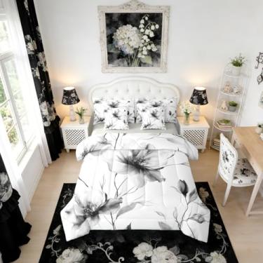 Imagem de Erosebridal Conjunto de edredom floral preto e branco com lençol solteiro, flor boho, 7 peças, para mulheres e homens, conjunto de cama floral em aquarela artística, estilo pintura a tinta, cama de