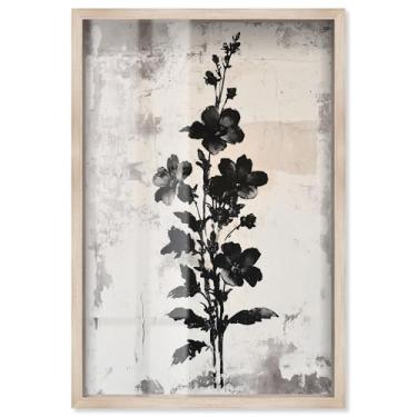 Imagem de Black Hollyhock I Shadowbox Print Floral Wall Decor by Art Remedy, moldura loira, 28 x 40 cm