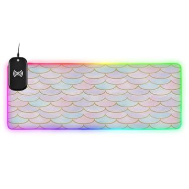 Imagem de CEBUGI Mouse pad de carregamento sem fio com padrão de escala 15W mouse pad rápido para jogos com 14 iluminação LED RGB para jogos, PC, laptop, mesa 80 x 30 cm