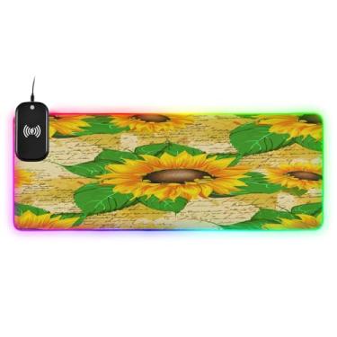 Imagem de CEBUGI Mouse pad de carregamento sem fio girassóis 15W mouse pad rápido para jogos com 14 iluminação LED RGB para jogos, PC, laptop, mesa 90,9 x 39,9 cm