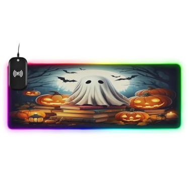 Imagem de CEBUGI Mouse pad de carregamento sem fio de fundo de Halloween 15W mouse pad rápido para jogos com 14 iluminação LED RGB para jogos, PC, laptop, mesa 90,9 x 39,9 cm