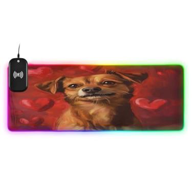 Imagem de CEBUGI Mouse pad de carregamento sem fio Dog Hearts 15 W rápido para jogos com 14 iluminação LED RGB para jogos, PC, laptop, mesa 90,9 x 39,9 cm