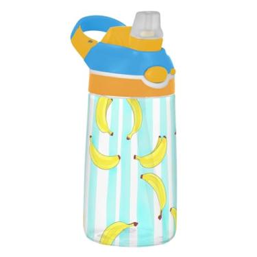 Imagem de Garrafa de água esportiva infantil com listras brancas banana para escola, 473 ml, garrafa de água Tritan de 473 ml com canudo, copos de viagem infantis à prova de vazamento, reutilizáveis, alça de