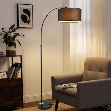 Imagem de Luminária de chão clássica preta com cúpula de tecido, altura ajustável, estilo minimalista moderno, ideal para sala de estar, com base de mármore.