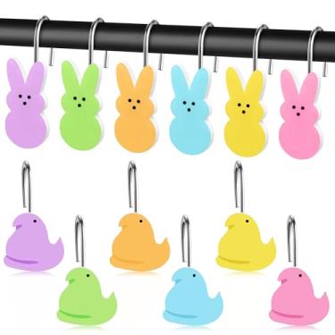 Imagem de MALLMALL6 12 peças de ganchos de cortina de chuveiro de coelho da Páscoa pintinho de metal à prova de ferrugem colorido coelho frango pingentes decorativos para banheiro, quarto, primavera, acessórios