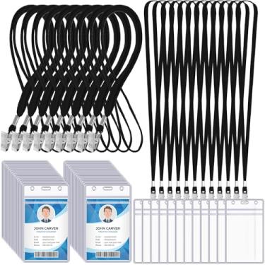 Imagem de Marspark Cordões de crachá com suporte de identificação para crachás de identificação etiqueta de nome de pescoço plano resselável com clipe de plástico à prova d'água crachás transparentes a granel