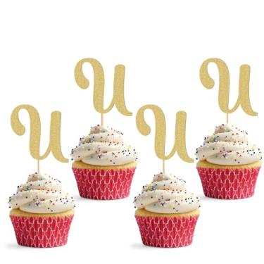 Imagem de Topper de cupcake de 26 letras - pacote com 24 decorações de cupcake com letras douradas em U, adequado para festa de aniversário, aniversário de casamento ou adereços de cabine de fotos (U)
