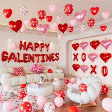 Imagem de Kit de decorações Happy Galentines Day, faixa vermelha Happy Galentines com coração, XOXO, balões de lábios, pétalas de rosa para festa de decoração de Dia dos Namorados