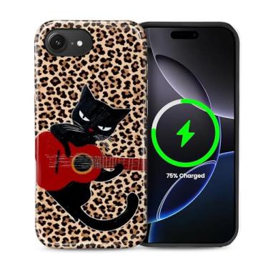 Imagem de ZHEGAILIAN Capa magnética para iPhone 16e, compatível com capa rígida MagSafe + silicone macio 2 em 1 híbrido à prova de choque capa protetora contra quedas retrô preto gato guitarra