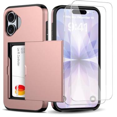 Imagem de Benbenjaytek Capa carteira para iPhone 17 com suporte para cartão + 2 protetores de tela de vidro temperado, à prova de choque, com compartimento oculto para cartão, capa fina feminina e masculina