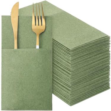 Imagem de Qilery 50 guardanapos de papel e linho descartáveis, guardanapos de jantar pré-dobrados, com bolso embutido para talheres de prata, dia de casamento, dia de Natal (verde claro)