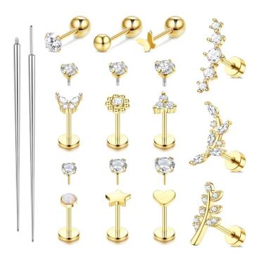 Imagem de ZELORES Conjunto de brincos de cartilagem para mulheres, hipoalergênicos, aço cirúrgico, costas planas, banhado a ouro 18 K, parafuso no nariz, labret, helix, tragus, joia 16G, 18G, 20G, Aço