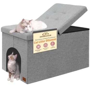Imagem de Zerbuger Mobiliário de caixa de areia para gatos para controle de odores, armário oculto para gatos pufe com tampa flip-up, banco de caixa de areia para gatos com espaço de armazenamento, à prova de