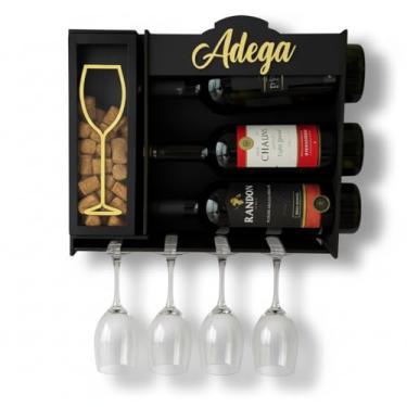 Imagem de Adega de Parede com Suporte para Rolhas em MDF, Porta Taças e Vinhos, Barzinho Decorativo Preto