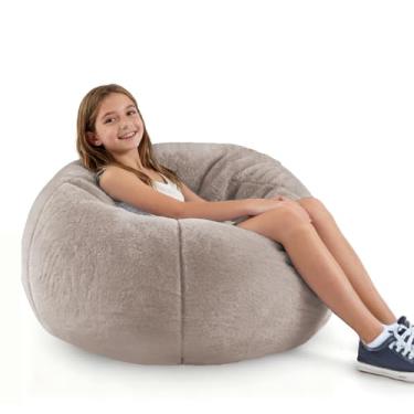 Imagem de Cadeira de pufe macia e moderna com capa de pele sintética de coelho, cadeiras de saco de feijão de espuma de memória para crianças adolescentes, pufe de tecido de pele sintética peludo, felpudo