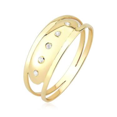 Imagem de ANEL FEMININO BOMBE CHAPA COM PEDRAS ARO DUPLO OURO 18k A113 - Maehler