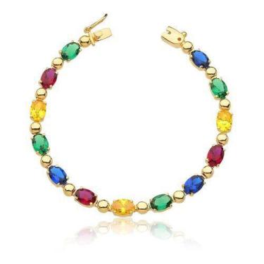 Imagem de Pulseira De Ouro 10k Puro Pedras Coloridas Fecho Gaveta Pl04 - MAEHLER